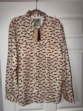 Decoy Long-Sleeve Button-Up Shirt Jacket with Rust Fish Print